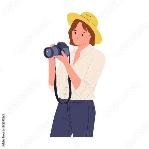 Illustration of Female Photographer Taking Pictures. Woman with a DSLR Camera Pursuing Creative Hobbies and Professional Photography
