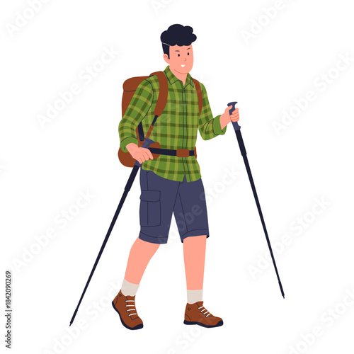 Illustration of Man Hiking and Trekking. Person with a Backpack and Hiking Poles Enjoying Outdoor Adventure and Nature Hobbies