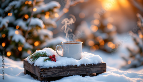 Cozy Winter Scene with Hot Beverage and Festive Details