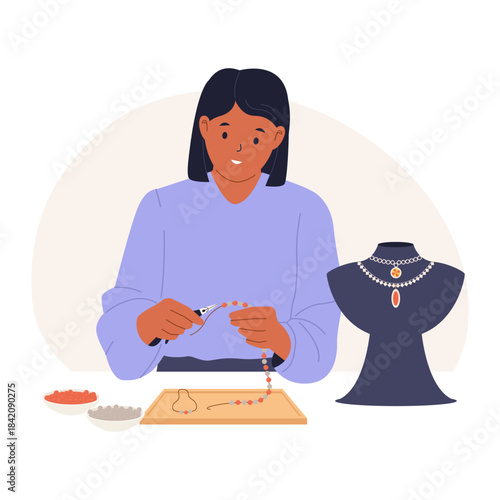 Illustration of Woman Making Jewelry. Artist Crafting a Necklace with Beads and Tools as a Creative Hobby