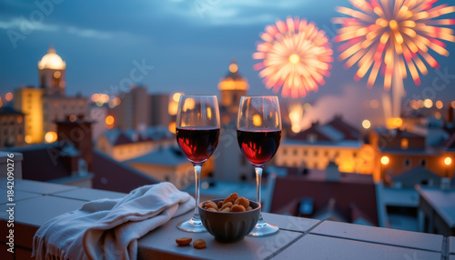 Celebratory Evening with Wine and Fireworks Over City Skyline