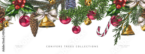 Christmas decorations and conifer trees with cones hand drawn vector seamless border, mistletoe, candy cane jingle bells