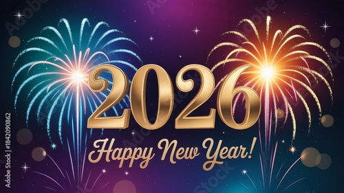 Golden 2026 numerals shine brightly above vibrant fireworks celebrating a spectacular happy new year event