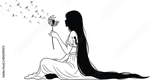 A silhouette of a young woman sitting with long flowing black hair, gently blowing on a dandelion, letting the seeds drift away, representing wishes and dreams for the future.