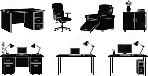 Black and White Silhouette Vector Set of Office Furniture Desk Chair Cabinet Recliner Laptop Computer Workspace Home Business Interior Design Elements