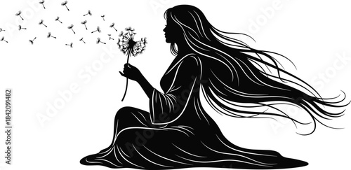 A mysterious and elegant black silhouette of a woman sitting, gently blowing on a dandelion, with her long flowing hair drifting in the wind, symbolizing hope and dreams.
