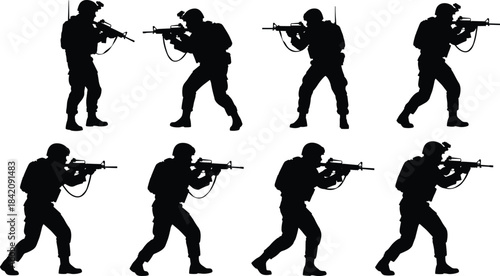 Black Silhouette of Eight Armed Soldiers in Tactical Combat Gear and Assault Rifles, Ready for Military Operation or Security Mission