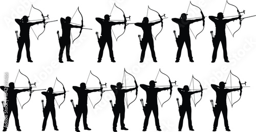 Black Silhouettes of Archers Drawing and Holding Traditional Bows and Arrows, Aiming at Target in Full Draw Position