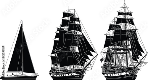 Black Silhouette of Historical Clipper Ships, Tall Sailing Vessels and Modern Sailboat, Nautical Ocean Transportation Vector Art