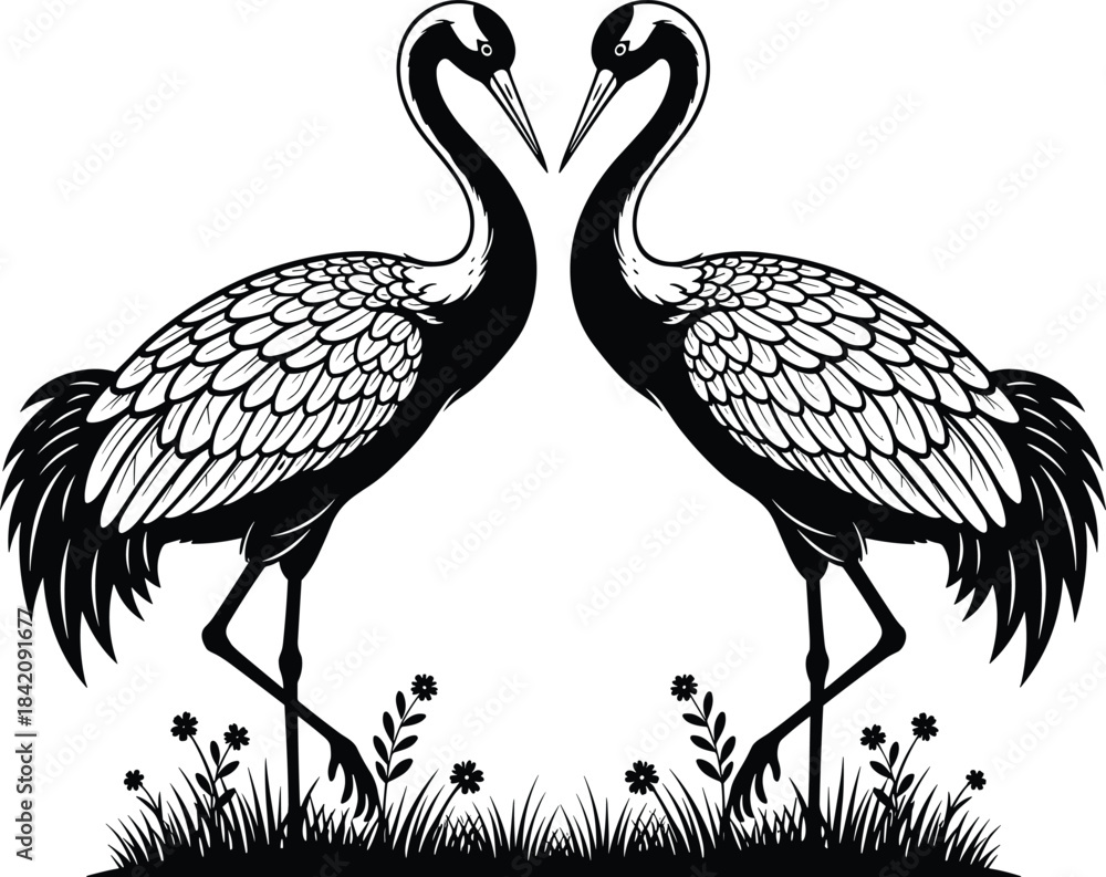 Fototapeta premium Two elegant red-crowned cranes vector, standing in heart shape, black and white animals, mating dance, nature, love, and detailed feathers illustration.