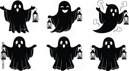 Set of spooky black ghost silhouettes holding antique lanterns, fun vector illustration for Halloween celebration, costume party, or scary designs