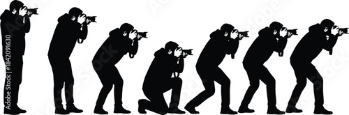 Silhouette collection of a photographer capturing moments in various poses, including standing, crouching, and taking a low angle shot.