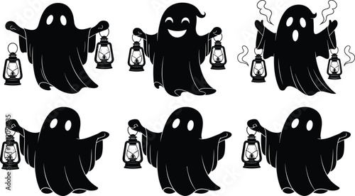 Spooky Halloween ghosts black silhouette set holding antique lantern light for holiday decoration, fear, and haunted house vector illustration.