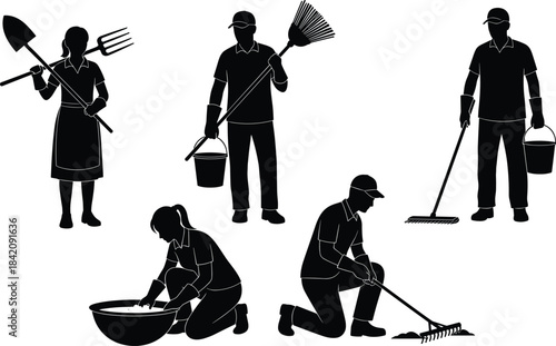 Silhouettes of male and female gardeners and sanitation workers holding various tools including shovels, rakes, forks, and buckets, performing cleaning and gardening tasks outdoors