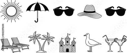 Summer Beach Vacation Icons: Sun, Umbrella, Sunglasses, Hat, Palm Trees, Sandcastle, Deck Chairs, and Cocktails Vector Collection