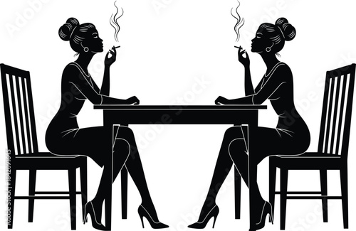 Symmetrical silhouette of two elegant women smoking cigarettes at a small table, engaging in conversation, vintage style, black and white vector art.