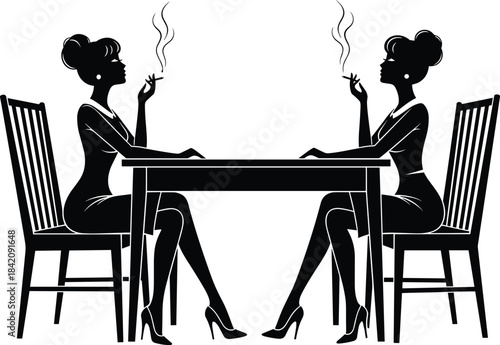 Symmetrical silhouette of two elegant women smoking cigarettes at a small table, engaging in conversation, vintage style, black and white vector art.