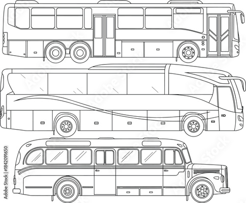 Three passenger bus illustrations showing the evolution of public road transport from vintage coach to modern touring vehicles, side view.