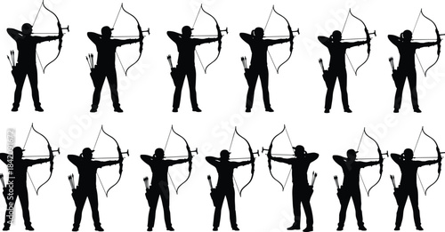 Twelve Archery Silhouettes Showing Men and Women Holding Bows and Arrows, Aiming Ready to Shoot