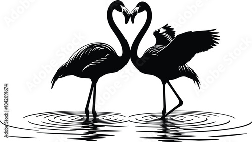 Two black flamingo silhouettes vector forming a heart with necks, standing in water, wing raised, love, tropical birds, detailed nature illustration.