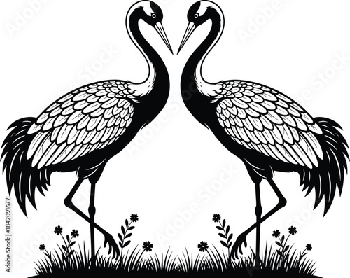 Two elegant red-crowned cranes vector, standing in heart shape, black and white animals, mating dance, nature, love, and detailed feathers illustration.