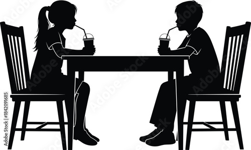 Two young friends or a couple sitting at a table sharing drinks through straws, having a casual conversation, silhouette vector illustration.
