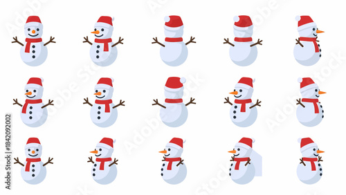 A set of fifteen cartoon snowmen with red hats and scarves, depicted from various angles and poses, isolated on a white background.