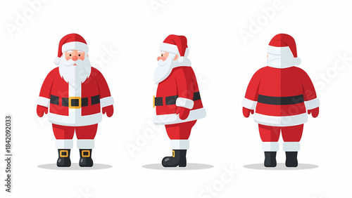 Cartoon illustration of Santa Claus from front, side, and back views on a white background.