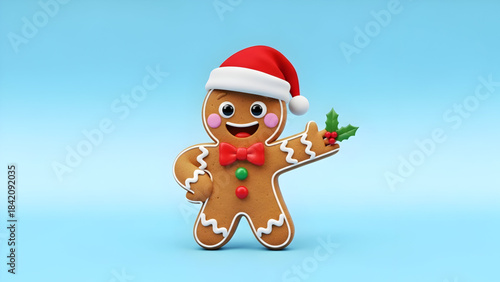 A cheerful gingerbread man wearing a santa hat and holding holly on blue background