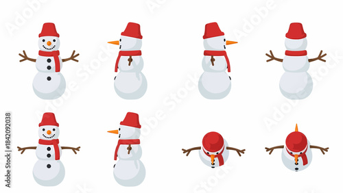 Eight different views of a cartoon snowman wearing a red bucket hat and scarf, isolated on a white background.