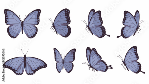 Collection of blue butterflies in different flight and resting poses.
