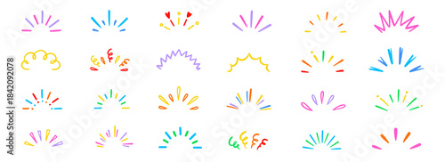 Line surprise shine ray color icon set. Hand drawn doodle color sparkle shine, surprise, sunburst frame with pop confetti ornament element collection. Comic headline decoration light ray. Vector