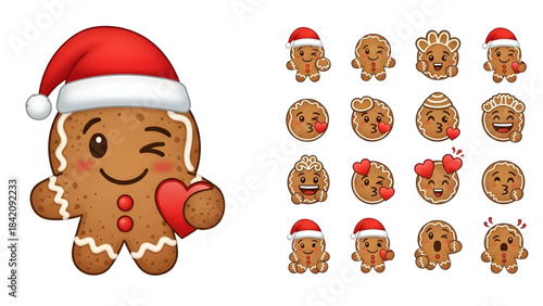 A set of cute gingerbread man characters with various emotions and accessories