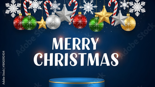 Festive holiday background with hanging Christmas ornaments and a product display podium
