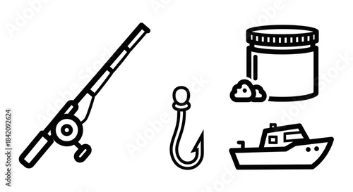 Fishing Equipment Icons - Rod, Hook, Bait, and Boat Illustration.