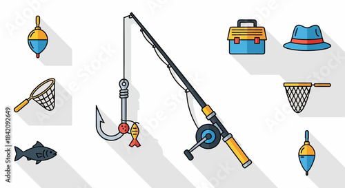 Fishing Equipment and Accessories - A Colorful Vector Illustration.