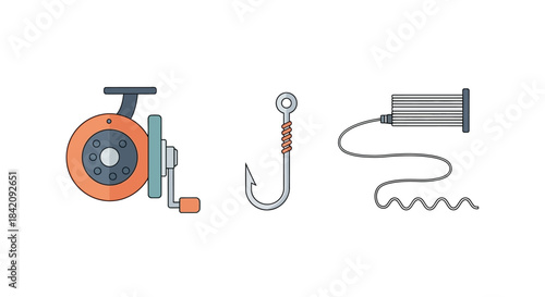 Fishing Gear - Reel, Hook, and Bobber Illustration.