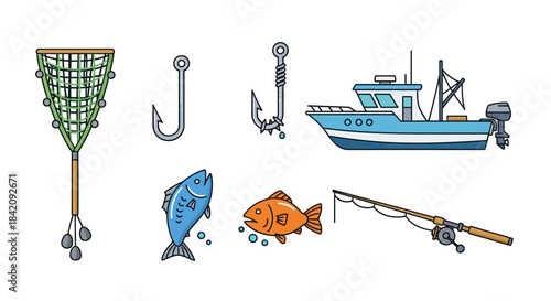 Fishing Equipment Set - Net, Hooks, Boat, Blue and Orange Fish, and Fishing Rod.