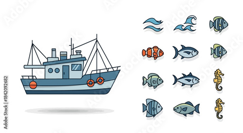 Fishing Boat and Marine Life Illustration - A Colorful Nautical Collection.