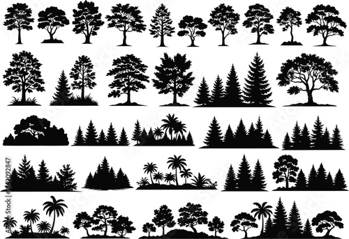 Collection of varied tree and forest landscape silhouettes, perfect for graphic design
