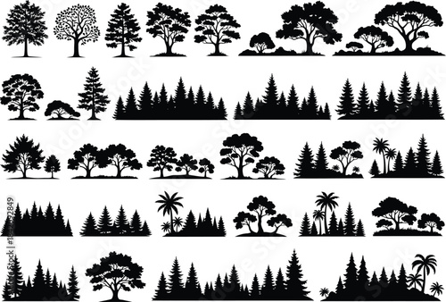 Collection of black tree and forest silhouettes featuring various species and landscapes