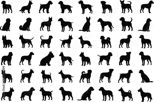 A large collection of dog silhouettes in various poses and breeds arranged in a grid