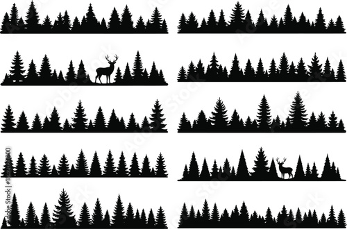Various silhouettes of pine forest landscapes with deer borders for design projects