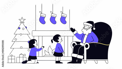 Santa Claus sitting in armchair talking to children near fireplace and Christmas tree in flat line art style