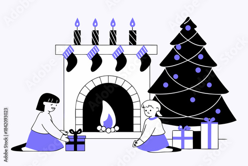 Cozy Christmas Fireplace Scene with Stockings Tree and Gifts Flat Vector
