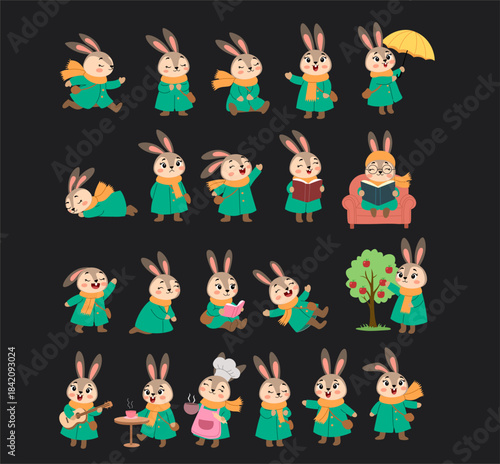 Collection of Adorable Bunny Characters Engaging in Daily Life