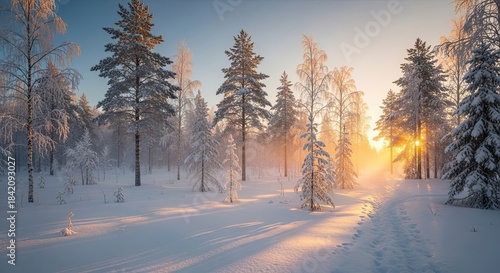 Snowy winter forest bathed in golden sunrise, creating beautiful cold landscape