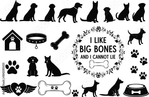 Dog silhouette vector art collection, including pet accessories and a funny bone quote