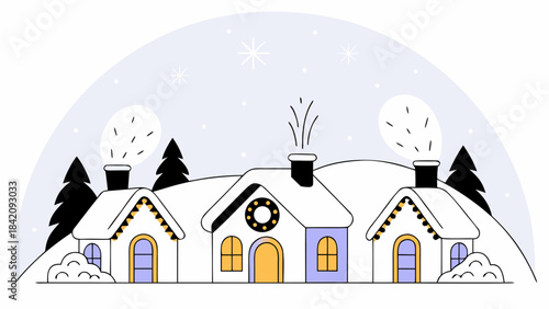 Winter landscape with cute snowy houses and pine trees at night in flat line art Christmas style