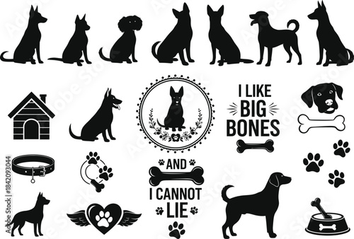 A comprehensive vector collection featuring dog silhouettes, paw prints, and various pet-related icons